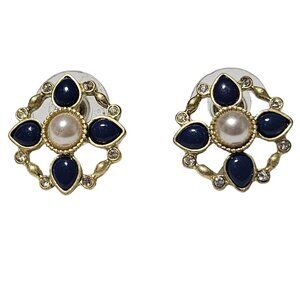 Elegant Retro Faux Pearl Blue Stone Rhinestone Gold Tone Earrings Jewelry